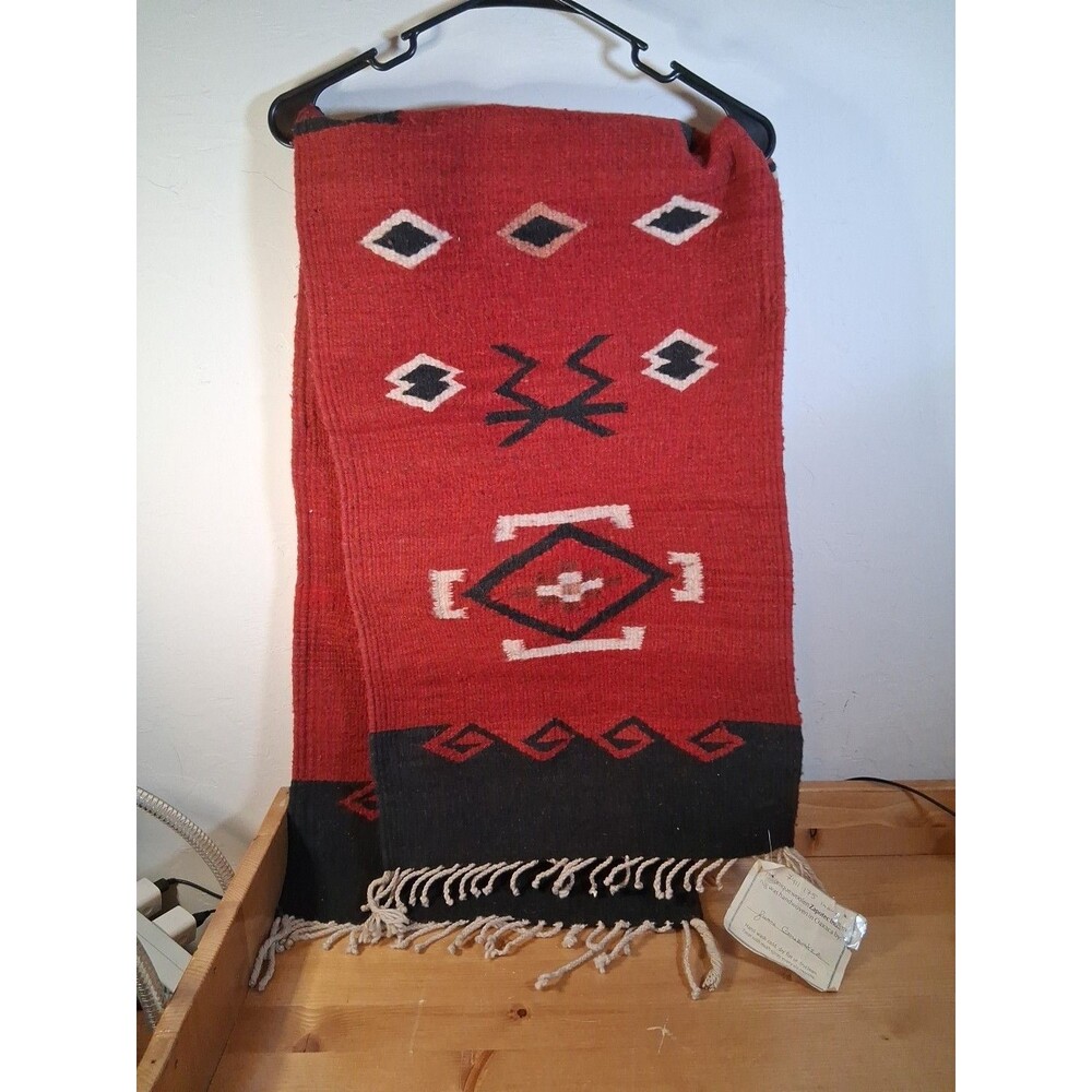 Handwoven Mexican Zapotec Oaxaca Wool Rug Southwest Red Black 60” X 15” Tag